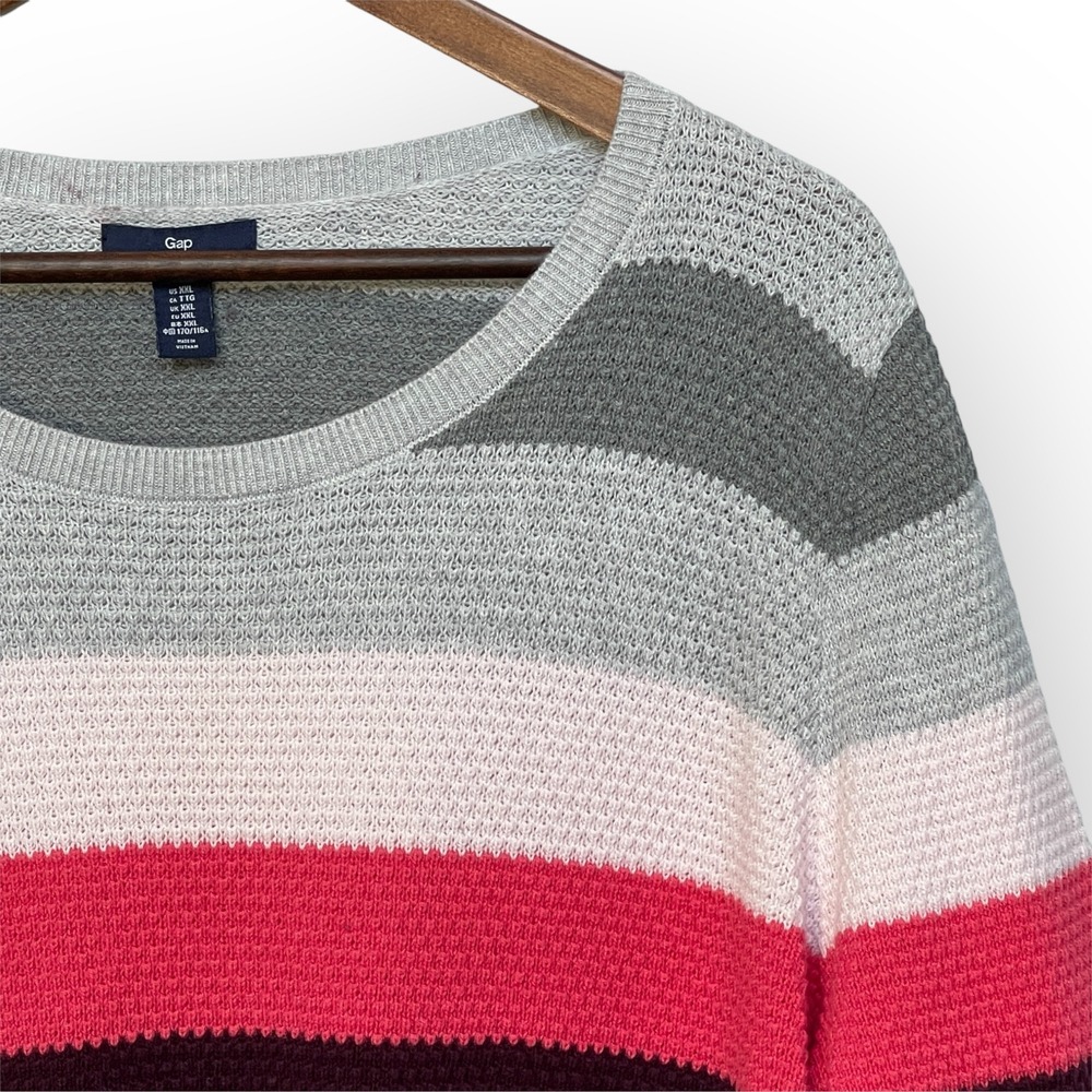 Gap Womens XXL MultiColor Striped Waffle Knit Pullover Sweater Heather Grey Pink - Picture 8 of 11